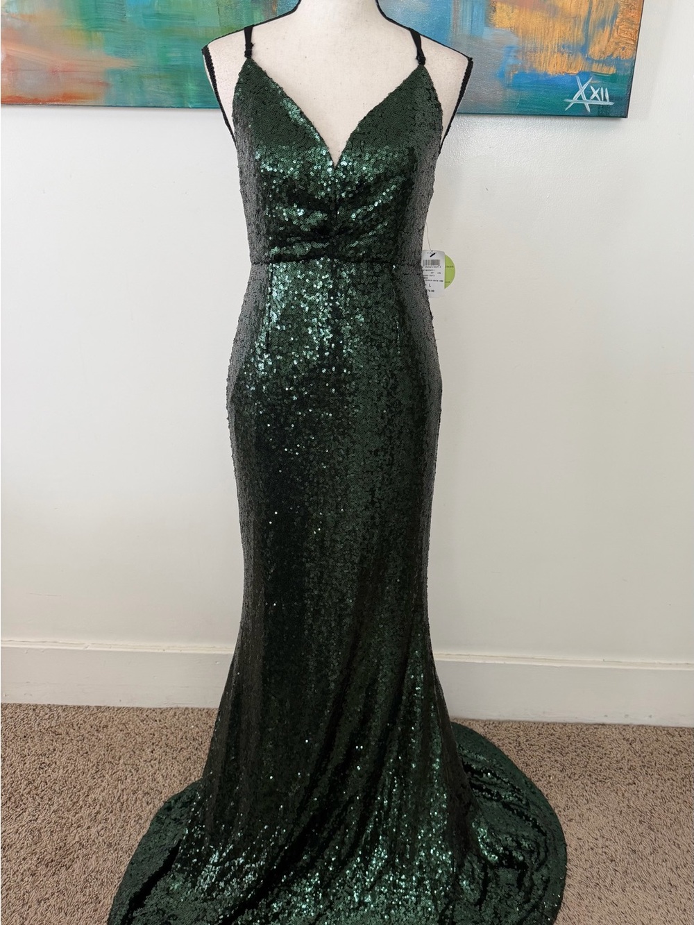 Windsor Special Occasion NWT Emerald Green Sequin Mermaid Low Back Gown L